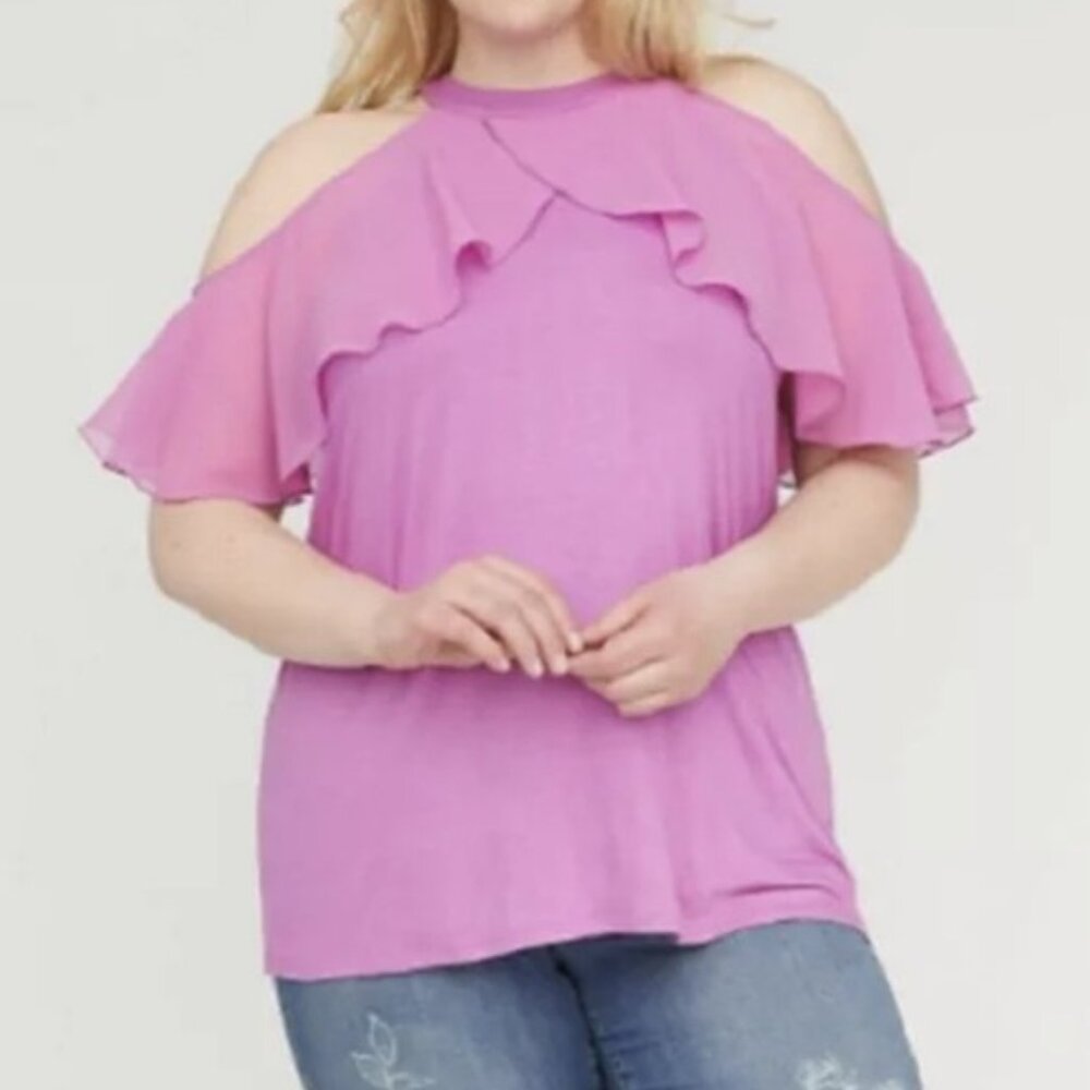 NWTS Lane Bryant Womens Solid Ruffled Radiant Orchid Pink halter Top Size 26/28